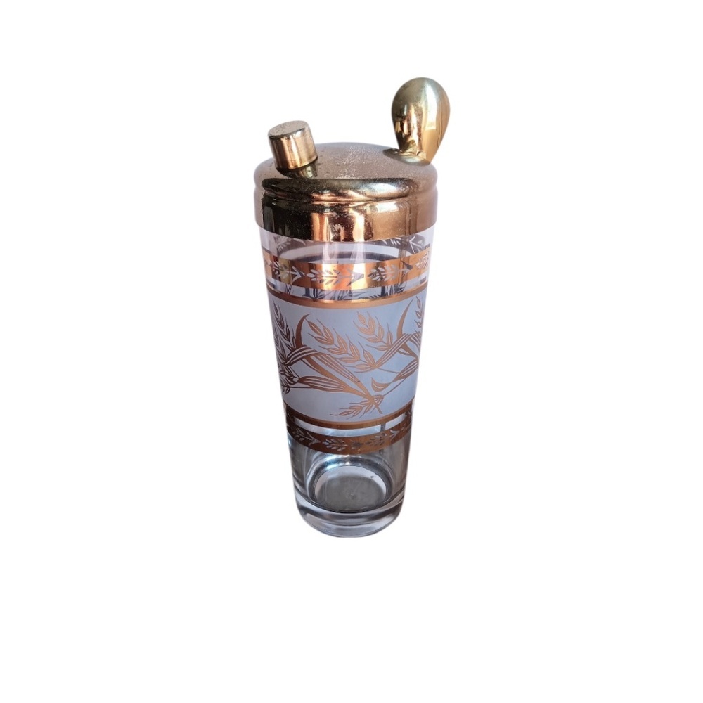 1950s MCM Culver Glass Cocktail Shaker 22k Gold & Florentine Pattern